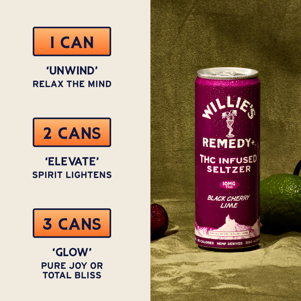 Willie's Remedy+ 10mg THC Infused Seltzer - Black Cherry Lime (6x4) 24cans