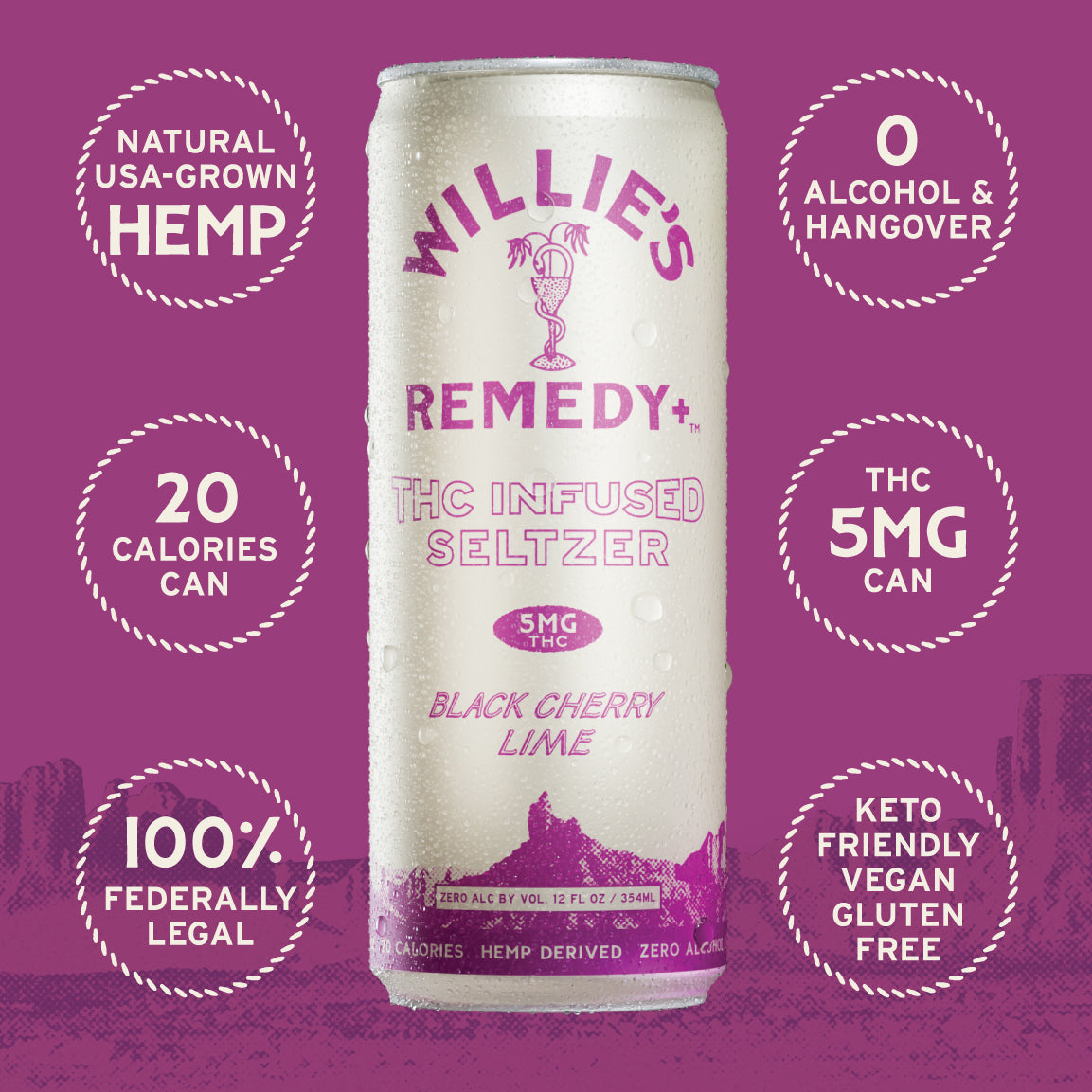 Willie's Remedy+ 5mg THC Infused Seltzer - Black Cherry Lime (6x4) 24cans