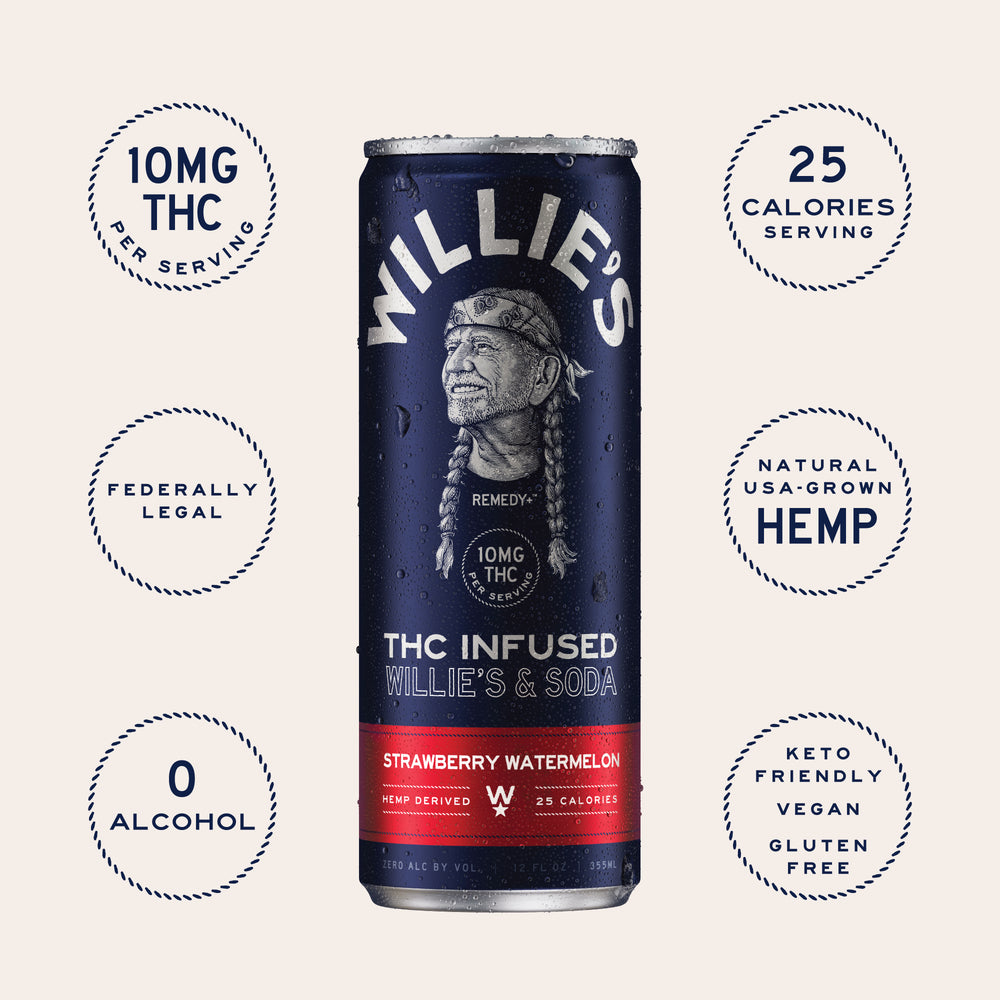 Willie's Remedy+ 10mg THC Infused Soda - Strawberry Watermelon (12x4) 48cans